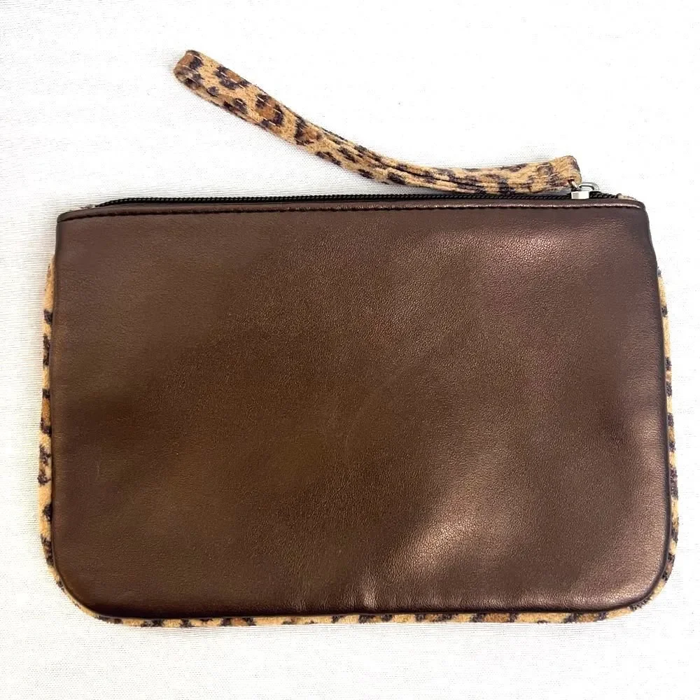 Neiman Marcus Cheetah Brown Leather Wristlet Clutch Lagenlook Chic Minimalist - Picture 3 of 7